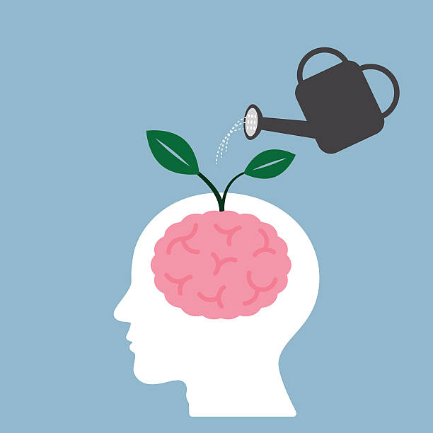 watering brain plant with watering can, creative idea concept. vector illustration